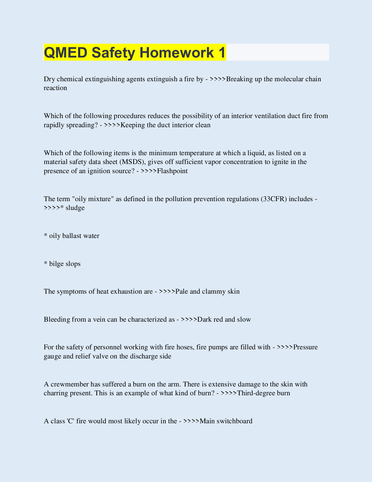 Preview image for QMED Safety Homework 1  | 75 Questions with 100% Correct Answers | Updated & Verified